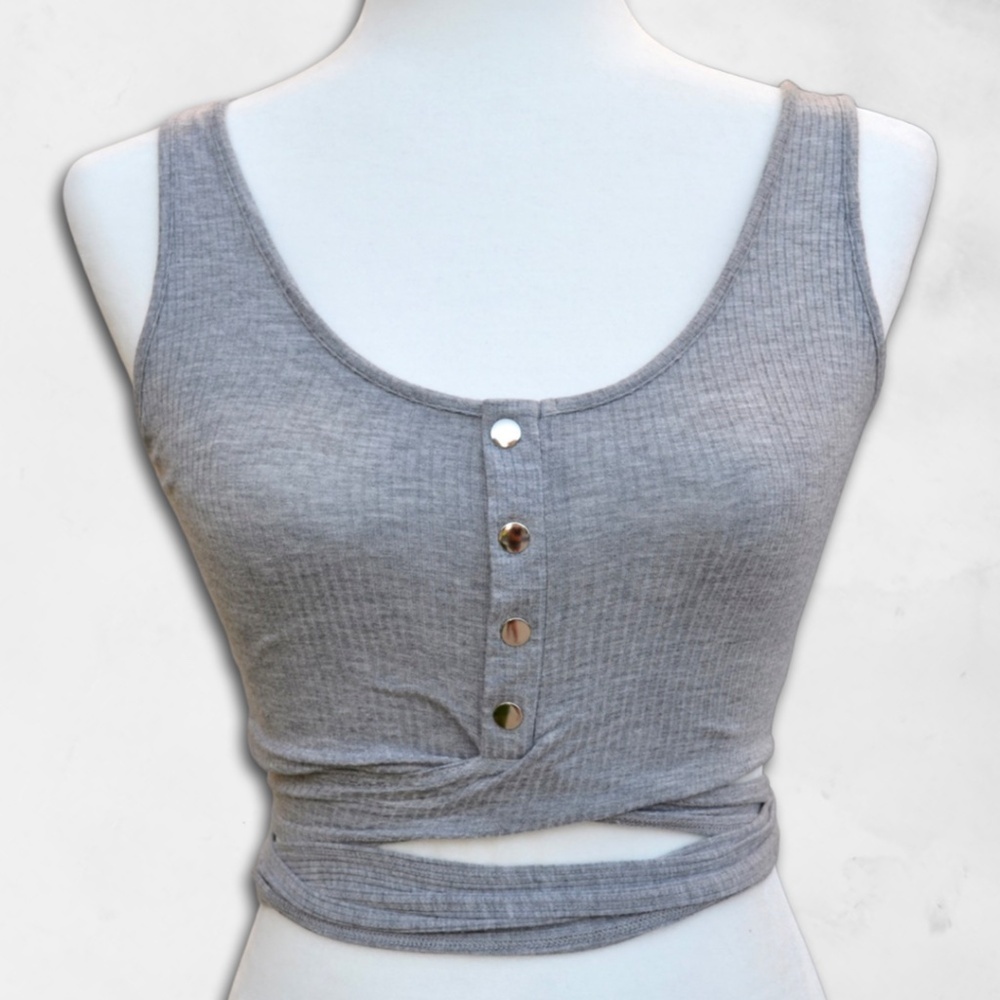 Windsor Gray Ribbed Wrap Tie Crop Tank Top